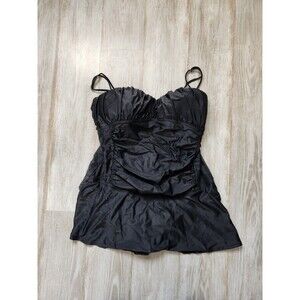 Tropical Escape Women Skirted Swim Suit One Piece Black Pleated Adjustable Sz 12